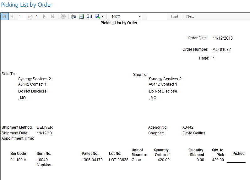 Picking List By Order