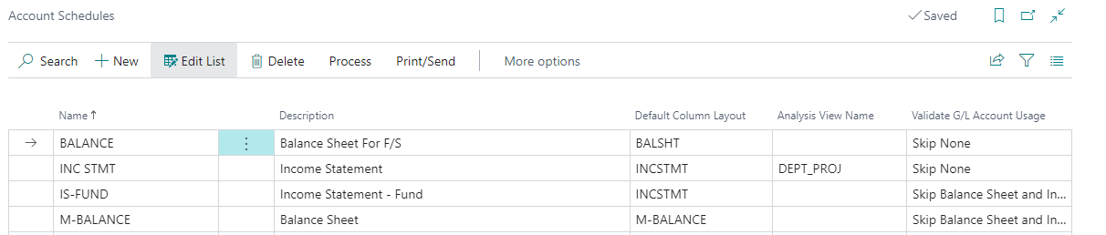 Account Schedule Names Page