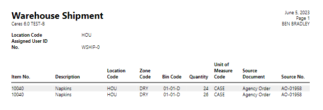 Warehouse Shipment Document