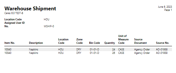 Warehouse Shipment Document