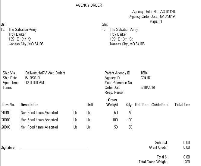 Agency Order Confirmation